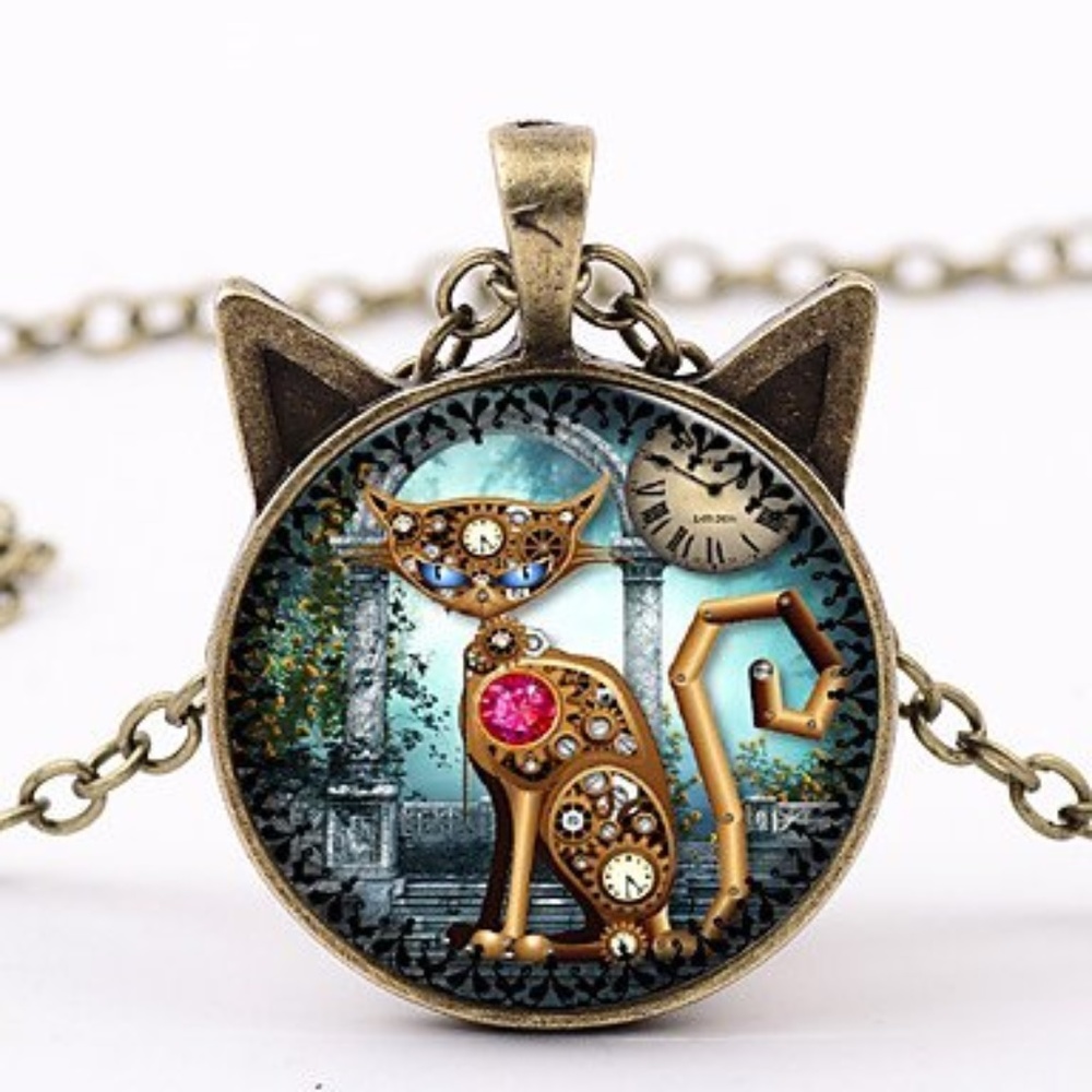Steampunk Necklace With Cat Pendant